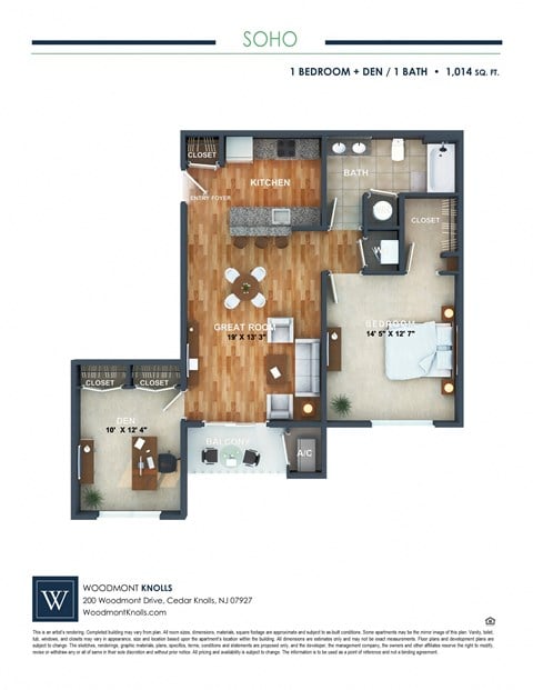 Floor plan for 1 bed, 1 bath, 1014 sqft